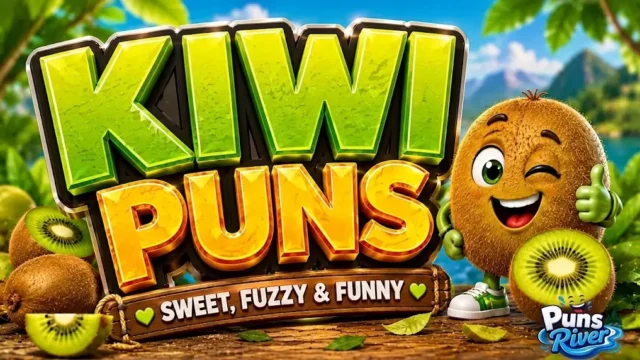 'Kiwi Puns' game logo featuring a 3D animated kiwi fruit character giving a thumbs up, with 'Puns River' watermark.