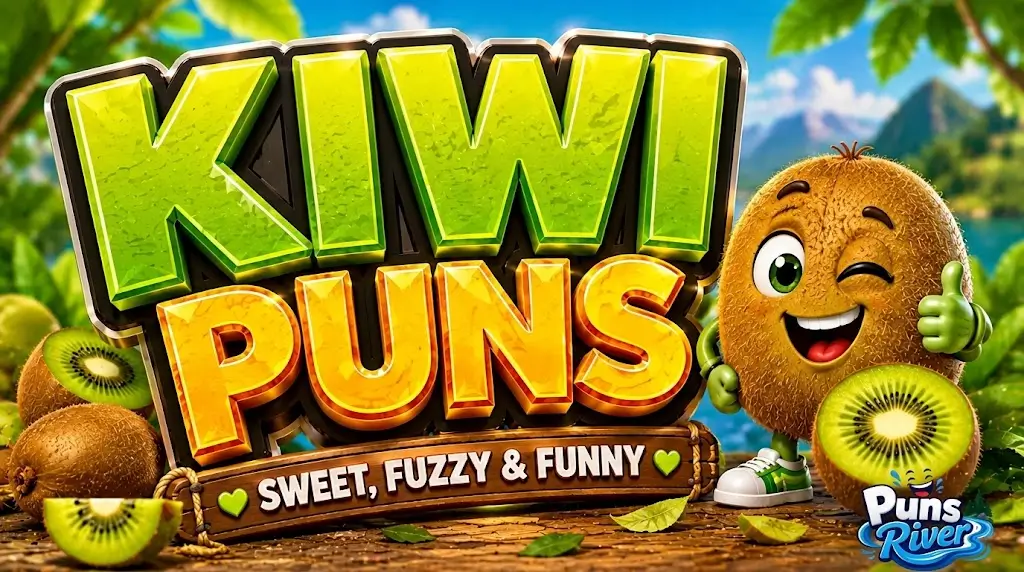 'Kiwi Puns' game logo featuring a 3D animated kiwi fruit character giving a thumbs up, with 'Puns River' watermark.